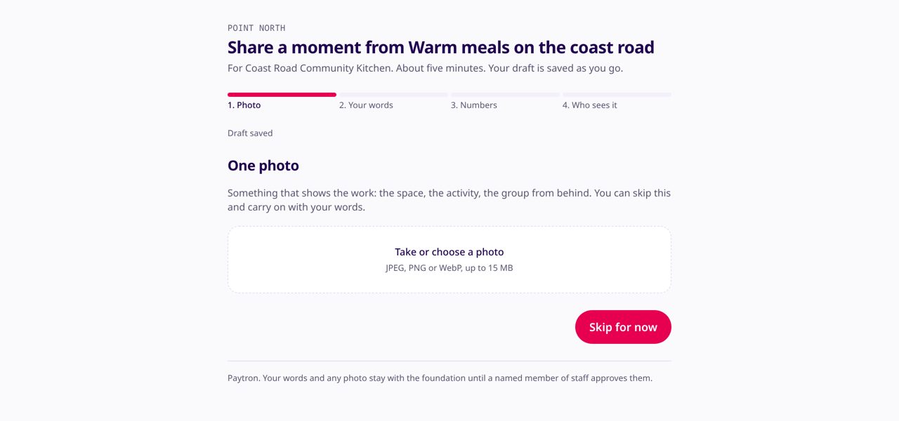 The group's update screen on Paytron, showing four short steps and a saved draft.