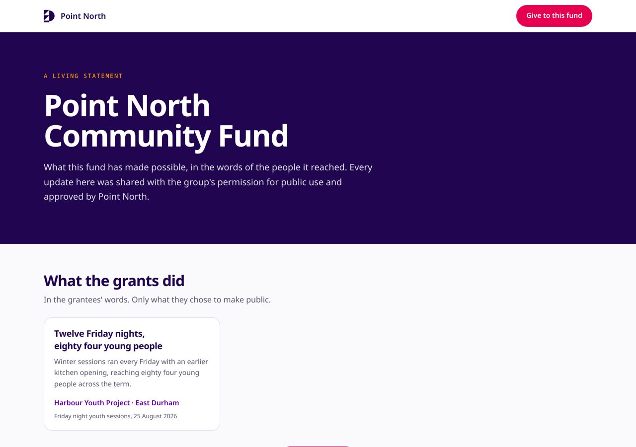The public Point North Community Fund page with approved updates from grantees.