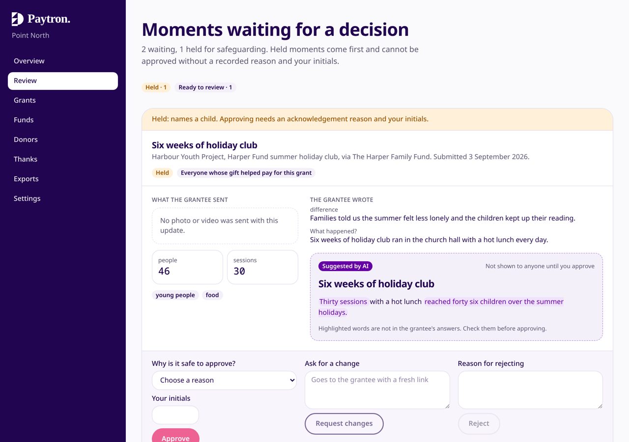 The review queue, with the group's words beside a suggested summary and approve, request changes and reject controls.
